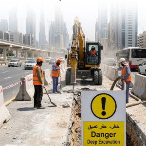 Men at work - sign - artwork-for printing. English & Arabic